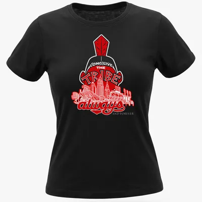 Cleveland skyline illustration with Native American imagery and bold text — printed on a women's shirt