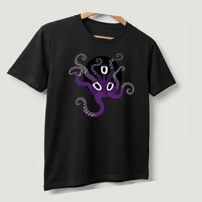 Cute purple octopus design in fantasy style with a spooky theme — printed on a unisex t-shirt (angled view)
