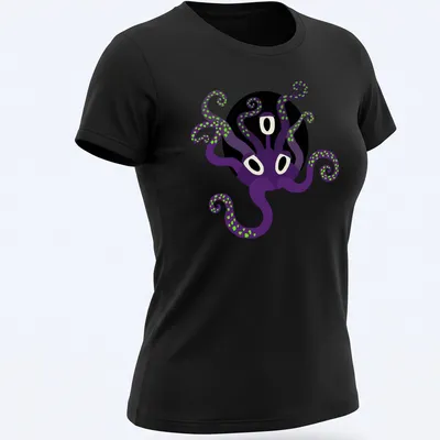 Cute purple octopus design in fantasy style with a spooky theme — printed on a women's shirt