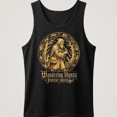 Vintage ornate T-shirt featuring mystic figure playing a flute in gold, black, and cream — printed on a tank top