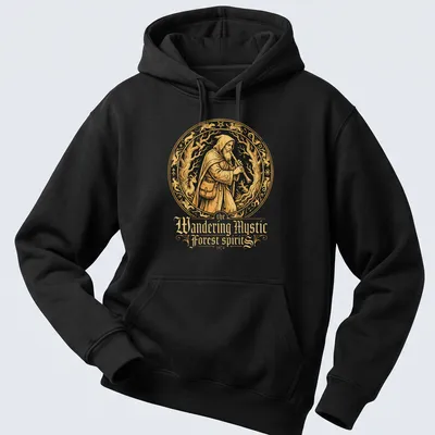 Vintage ornate T-shirt featuring mystic figure playing a flute in gold, black, and cream — printed on a unisex hoodie