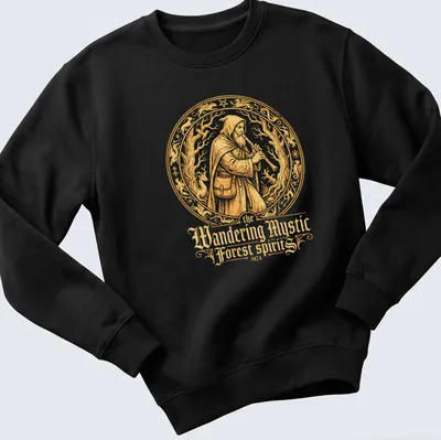 Vintage ornate T-shirt featuring mystic figure playing a flute in gold, black, and cream — printed on a unisex sweatshirt