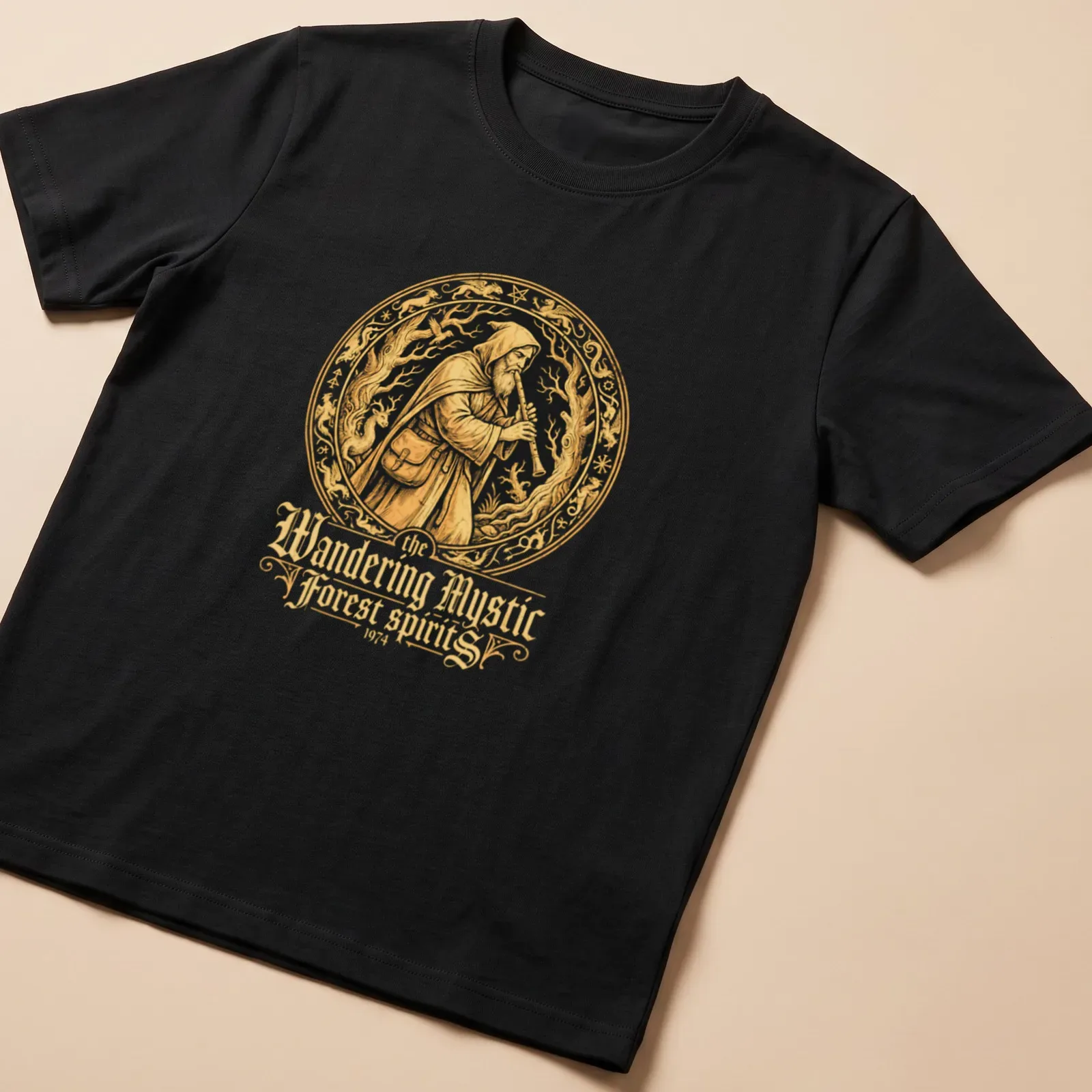 Vintage ornate T-shirt featuring mystic figure playing a flute in gold, black, and cream — printed on a unisex t-shirt
