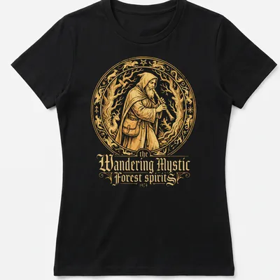 Vintage ornate T-shirt featuring mystic figure playing a flute in gold, black, and cream — printed on a women's shirt