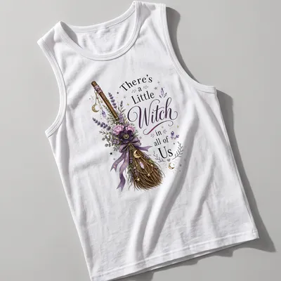 Vintage floral design with a witch broom and the phrase 'There's a Little Witch in all of Us' — printed on a tank top