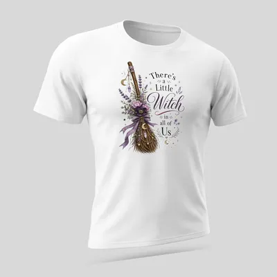 Vintage floral design with a witch broom and the phrase 'There's a Little Witch in all of Us' — printed on a unisex t-shirt (angled view)