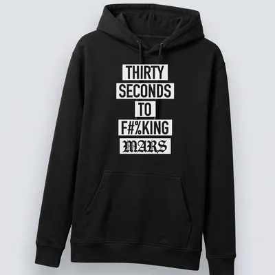 Bold typography T-shirt with band slogan in white on a dark background — printed on a unisex hoodie