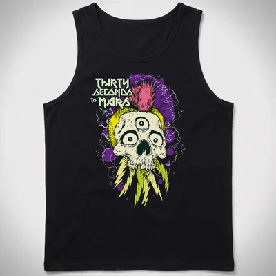 Vibrant illustration of a mohawk skull with the text Thirty Seconds To Mars — printed on a tank top
