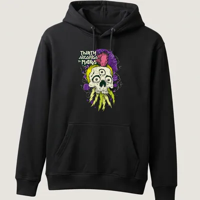 Vibrant illustration of a mohawk skull with the text Thirty Seconds To Mars — printed on a unisex hoodie