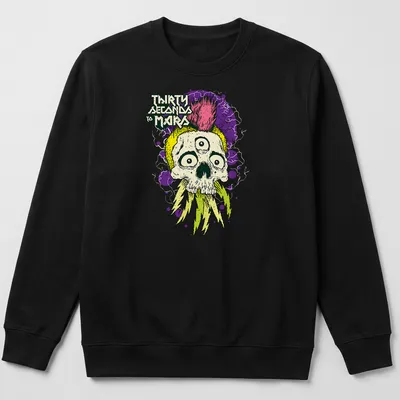 Vibrant illustration of a mohawk skull with the text Thirty Seconds To Mars — printed on a unisex sweatshirt