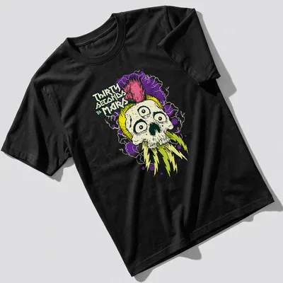 Vibrant illustration of a mohawk skull with the text Thirty Seconds To Mars