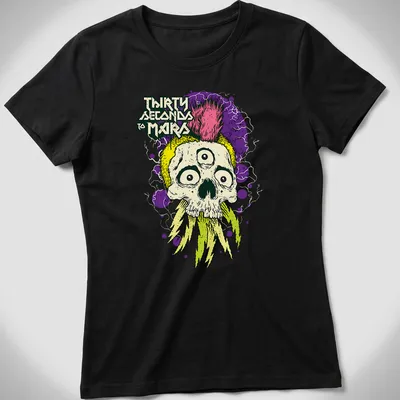 Vibrant illustration of a mohawk skull with the text Thirty Seconds To Mars — printed on a women's shirt