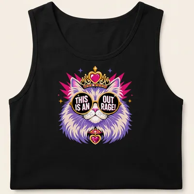 Colorful cartoon cat wearing sunglasses with the text 'THIS IS AN OUT RAGE!' — printed on a tank top