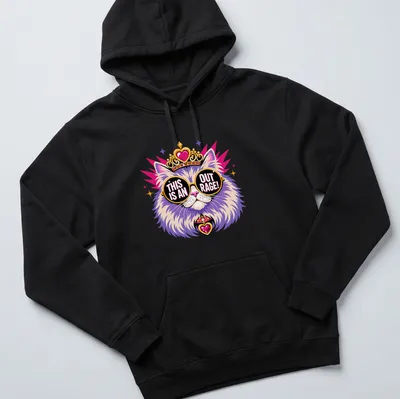 Colorful cartoon cat wearing sunglasses with the text 'THIS IS AN OUT RAGE!' — printed on a unisex hoodie