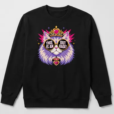 Colorful cartoon cat wearing sunglasses with the text 'THIS IS AN OUT RAGE!' — printed on a unisex sweatshirt