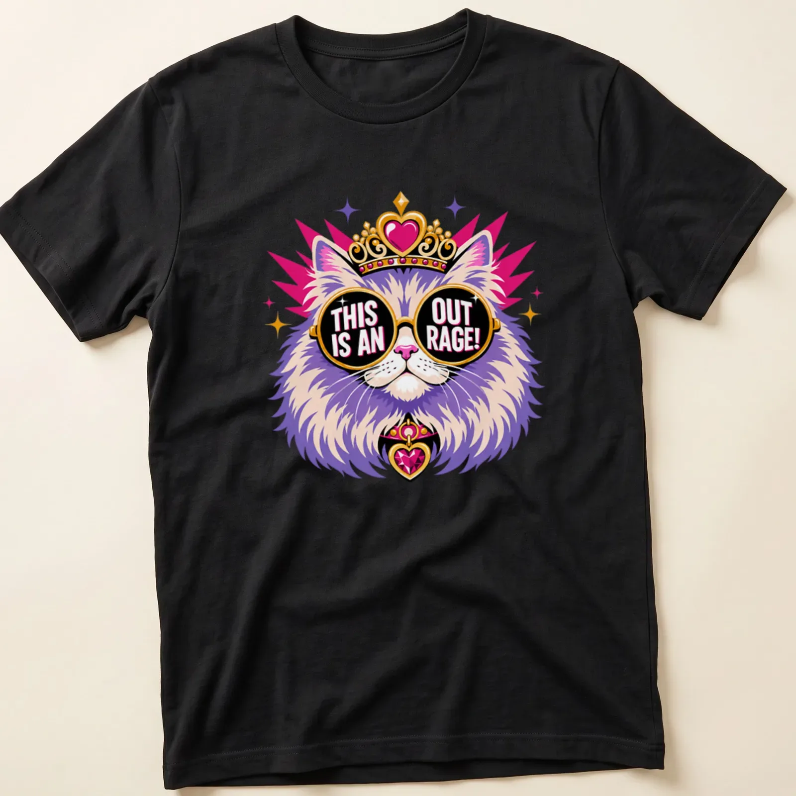 Colorful cartoon cat wearing sunglasses with the text 'THIS IS AN OUT RAGE!' — printed on a unisex t-shirt