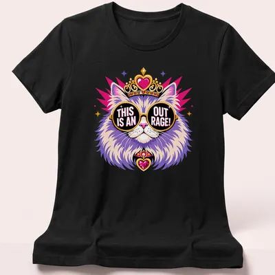 Colorful cartoon cat wearing sunglasses with the text 'THIS IS AN OUT RAGE!' — printed on a women's shirt