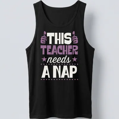 Bold typography t-shirt with humorous teacher-themed text in purple and white — printed on a tank top