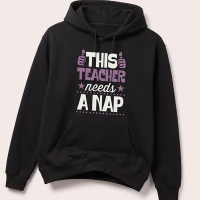 Bold typography t-shirt with humorous teacher-themed text in purple and white — printed on a unisex hoodie