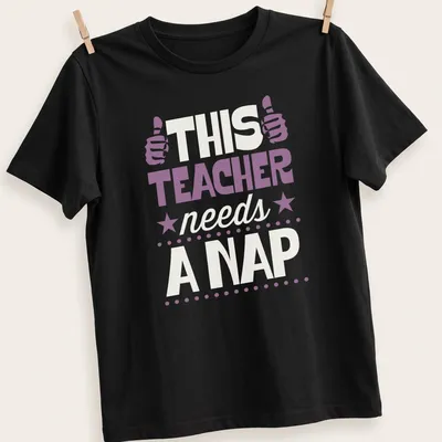Bold typography t-shirt with humorous teacher-themed text in purple and white