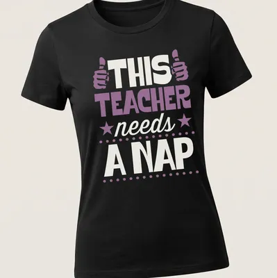 Bold typography t-shirt with humorous teacher-themed text in purple and white — printed on a women's shirt