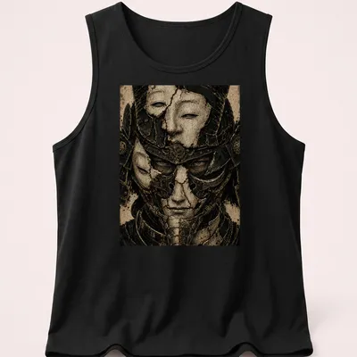 Illustration of three detailed samurai masks in various colors — printed on a tank top