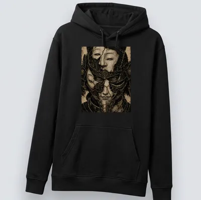 Illustration of three detailed samurai masks in various colors — printed on a unisex hoodie