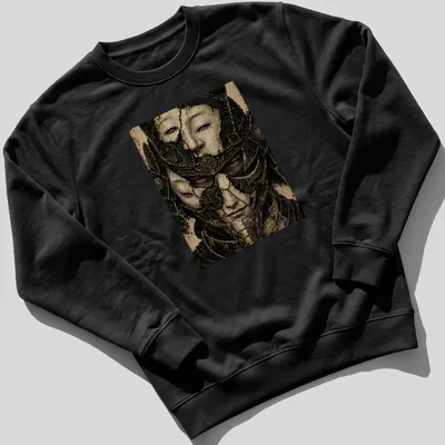 Illustration of three detailed samurai masks in various colors — printed on a unisex sweatshirt