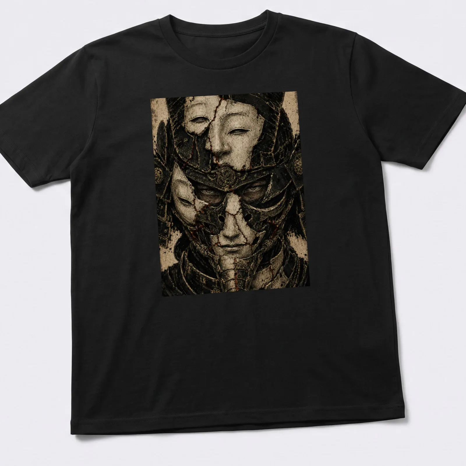 Illustration of three detailed samurai masks in various colors — printed on a unisex t-shirt