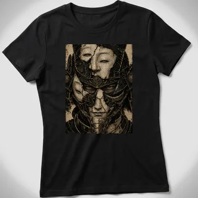 Illustration of three detailed samurai masks in various colors — printed on a women's shirt