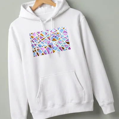 Abstract geometric portrait of a woman with vibrant colors and text. — printed on a unisex hoodie