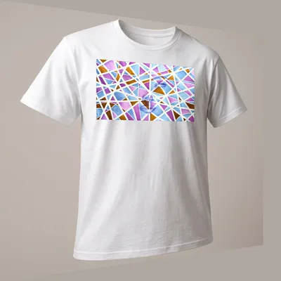 Abstract geometric portrait of a woman with vibrant colors and text. — printed on a unisex t-shirt (angled view)