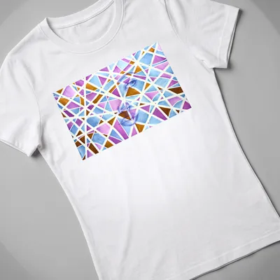 Abstract geometric portrait of a woman with vibrant colors and text. — printed on a women's shirt