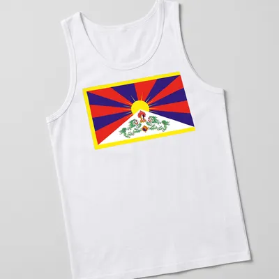Vibrant Tibet Flag T-shirt featuring Snow Lion and sun symbol in bright colors. — printed on a tank top