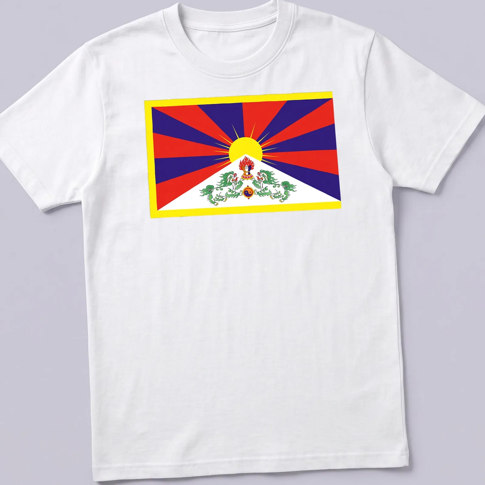 Vibrant Tibet Flag T-shirt featuring Snow Lion and sun symbol in bright colors. — printed on a unisex t-shirt