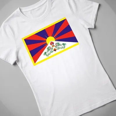 Vibrant Tibet Flag T-shirt featuring Snow Lion and sun symbol in bright colors. — printed on a women's shirt