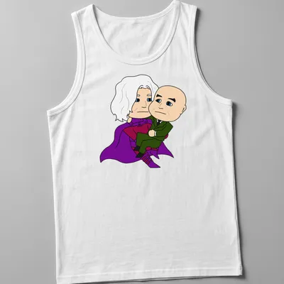 Kawaii t-shirt with two cartoon characters and heartfelt text in purple and green — printed on a tank top