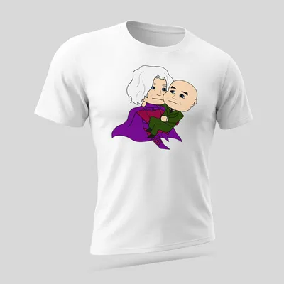 Kawaii t-shirt with two cartoon characters and heartfelt text in purple and green — printed on a unisex t-shirt (angled view)