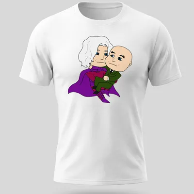 Kawaii t-shirt with two cartoon characters and heartfelt text in purple and green