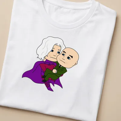 Kawaii t-shirt with two cartoon characters and heartfelt text in purple and green — printed on a women's shirt