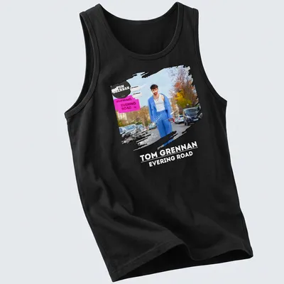 Modern artistic T-shirt featuring Tom Grennan's name with vibrant colors — printed on a tank top