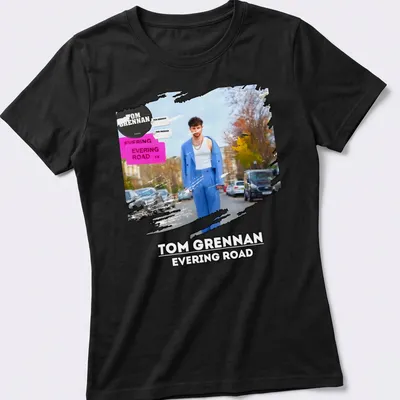Modern artistic T-shirt featuring Tom Grennan's name with vibrant colors — printed on a women's shirt