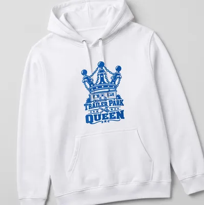 Bold graphic tee featuring a trailer park home with a crown above the text 'TRAILER PARK QUEEN' — printed on a unisex hoodie