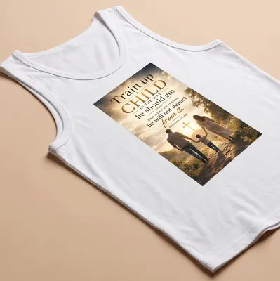 T-shirt depicting a family walking towards a cross with inspirational text — printed on a tank top