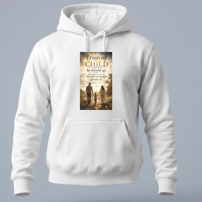 T-shirt depicting a family walking towards a cross with inspirational text — printed on a unisex hoodie