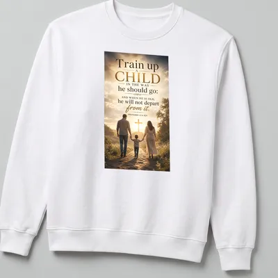 T-shirt depicting a family walking towards a cross with inspirational text — printed on a unisex sweatshirt