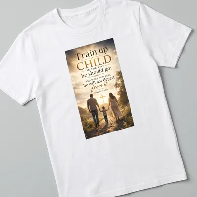 T-shirt depicting a family walking towards a cross with inspirational text