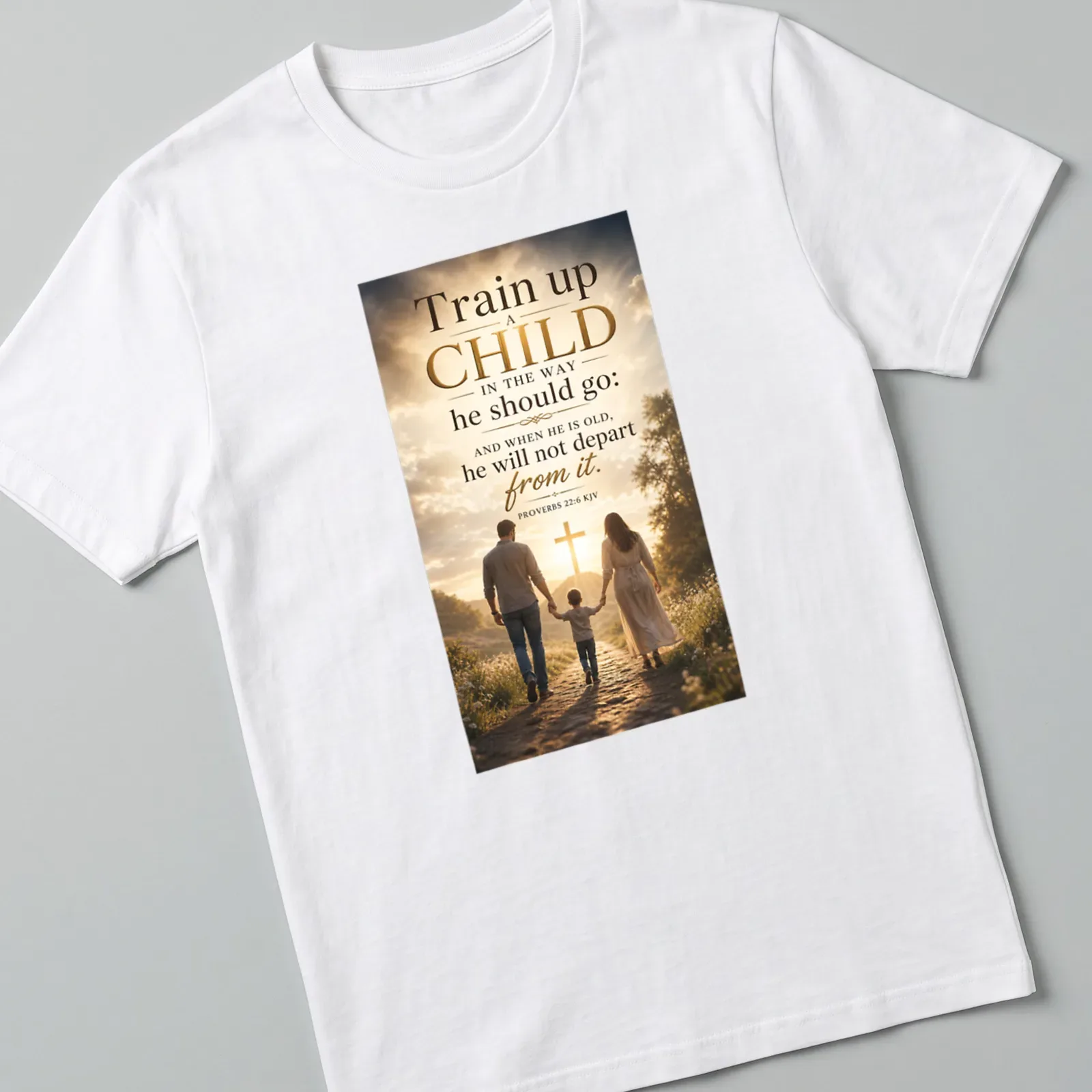 T-shirt depicting a family walking towards a cross with inspirational text — printed on a unisex t-shirt