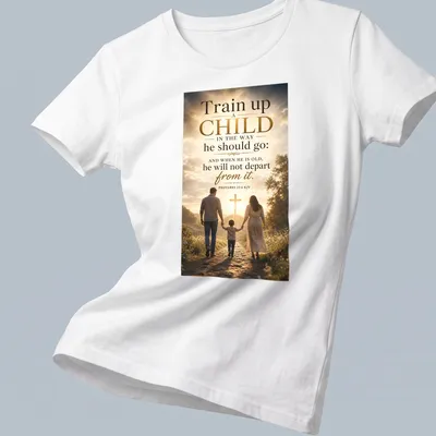 T-shirt depicting a family walking towards a cross with inspirational text — printed on a women's shirt