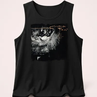 Retro T-shirt featuring the text 'TREASURE Ivo Lorelei Beatrix Persephone Pandora' in black and gold. — printed on a tank top